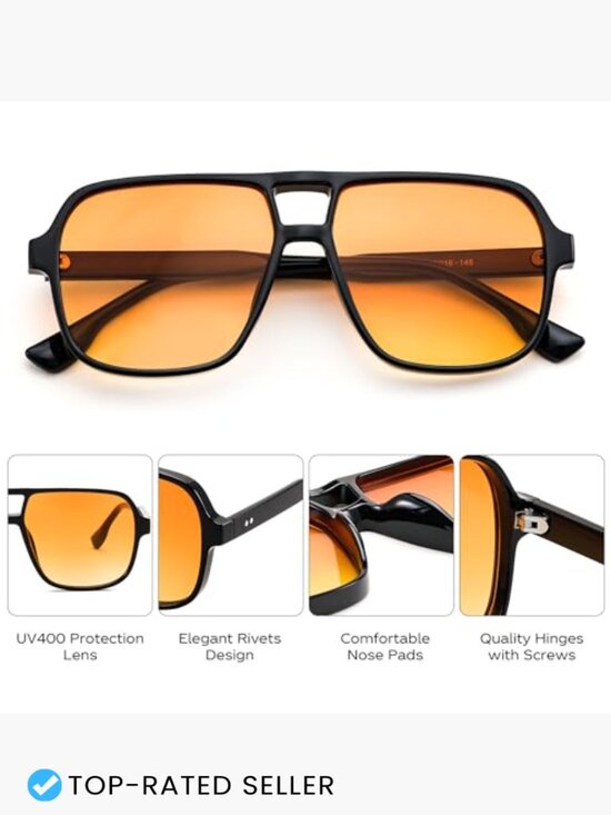 Retro Square Aviator Sunglasses Vintage 70s Plastic Frame Double Bridge